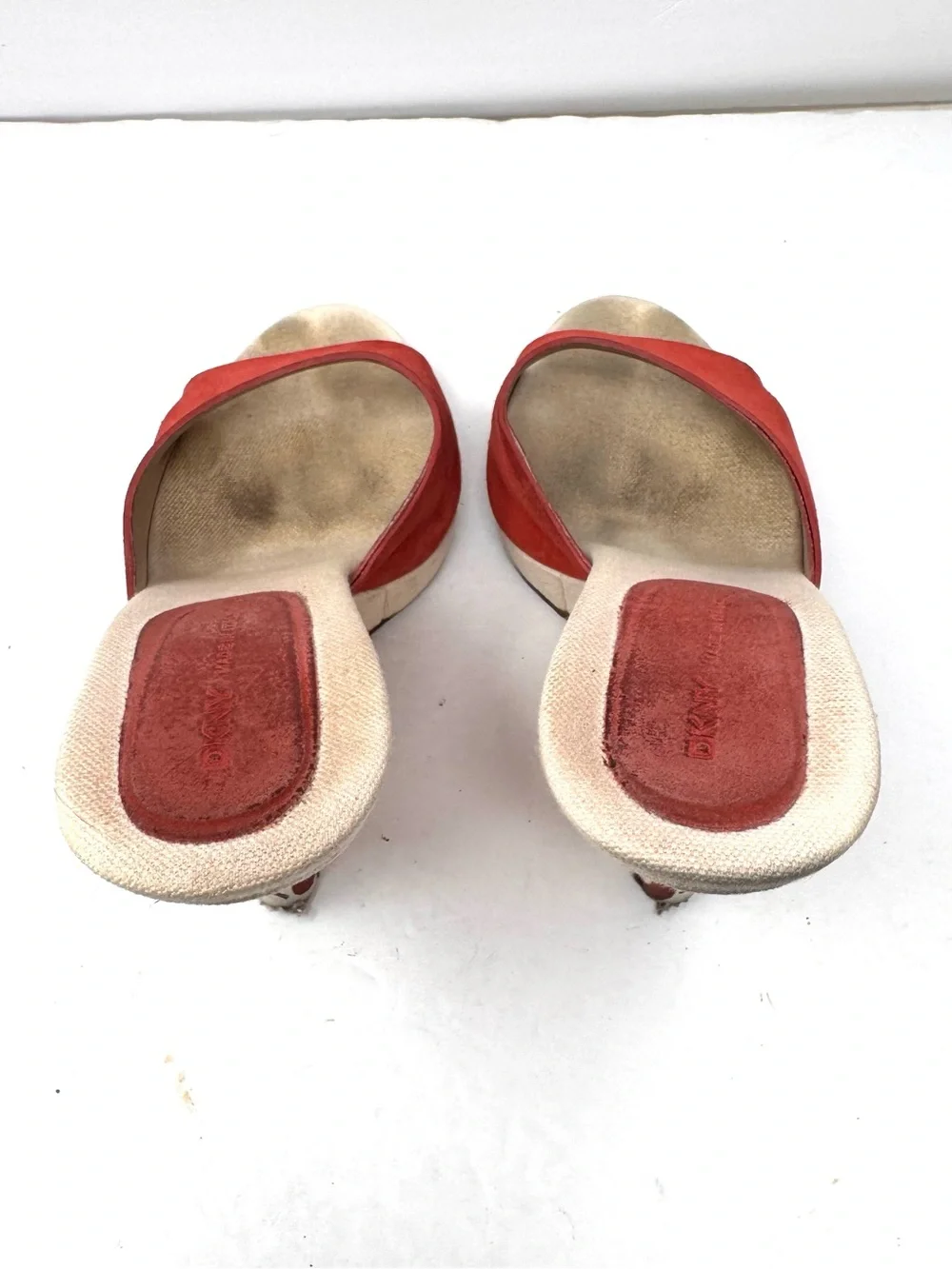 DKNY red suede peep toe wedges, made in Italy, size 9
